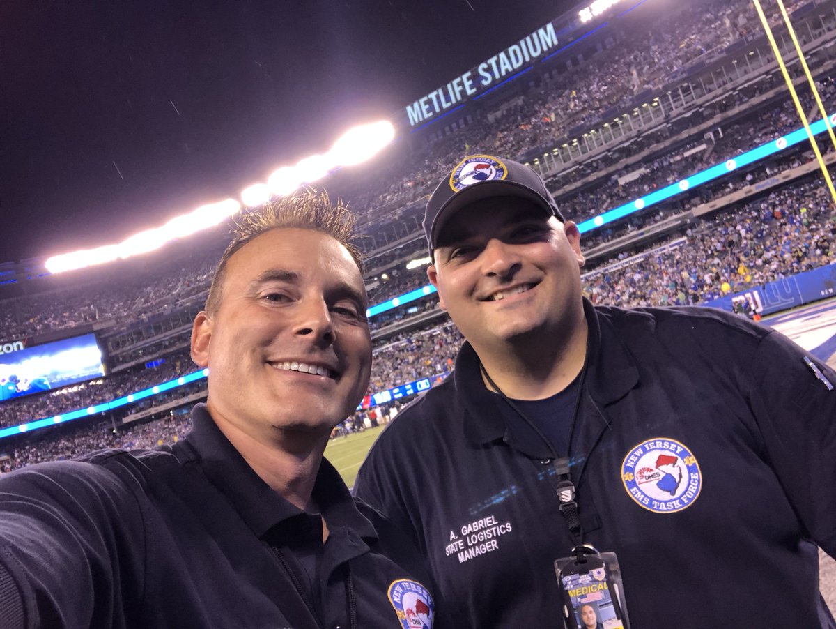 NJDeptofHealth's tweet photo. While one of NY's football teams are on the field at @MLStadium, #NJEMSTF are on the sidelines &amp; across the stadium.

Last night, State Planner @HCortacans &amp; Logistics Planner Anthony Gabriel worked to keep fans, staff + everyone safe! https://t.co/eOwC1zBl16