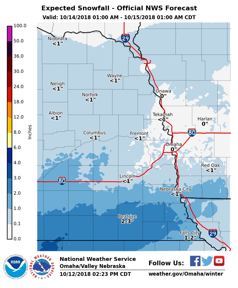 New computer models are showing a little more potential for snow Saturday night into Sunday behind a strong cold front. Parts of eastern NE could see up to a couple of inches. No joke! Here's a first draft of forecast snowfall during that time. #newx #iawx