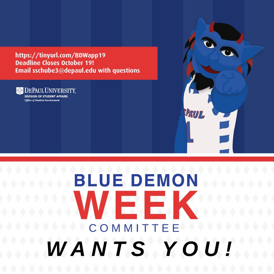 BlueDemonWeek's tweet image. Blue Demon Week Committee applications are officially open! We can't wait to see who will be on our team this year! Get excited for BDW19 🥳