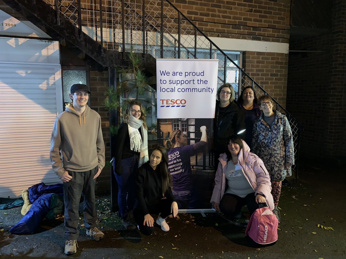 RedditchChamp's tweet image. Team Tesco sleeping out on the streets to raise awareness of the homeless! Very wet and windy! ☔️