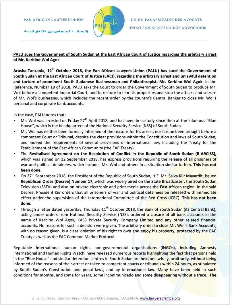 LawyersofAfrica's tweet photo. #PALU2018 #PressRelease PALU sues the South Sudan government at the East African Court of Justice @EACJCourt regarding the arbitrary arrest of Businessman and Philanthropist Mr.Kerbino Wol Agok. #justiceforall #PALUinCourt https://t.co/WqjHV6DTNR