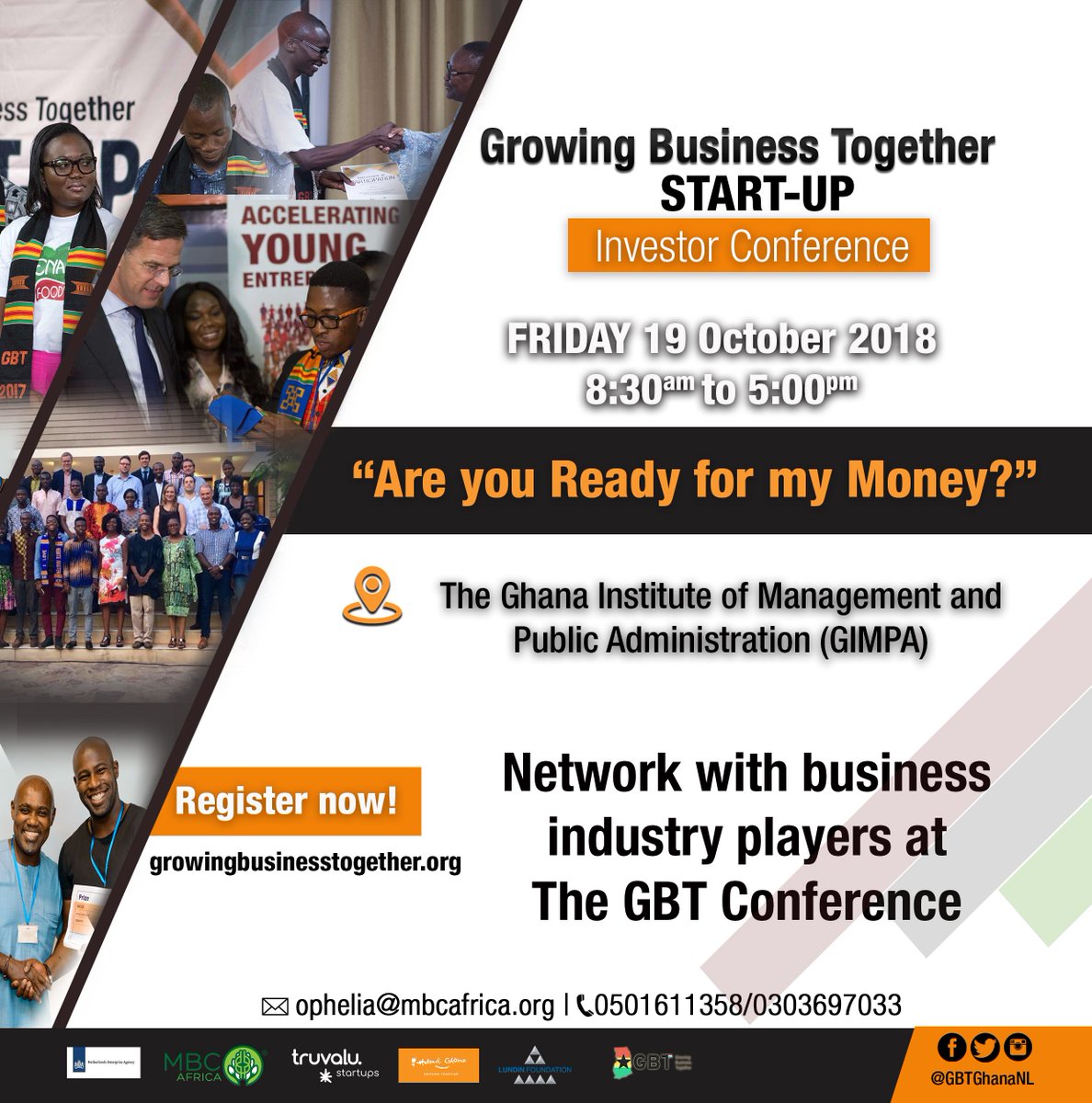GBTGhanaNL's tweet photo. Announcement: new location! 
The Growing Business Together will be held at GIMPA. Join us next week Friday for our conference where 15 startups acquire investments for their business. Sign up via: https://t.co/yqv65ZqwBw
#BusinessinGhana #Ghana #WestAfrica https://t.co/5WrlNXsFDJ