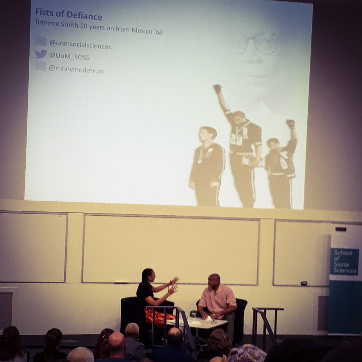 Seeing and hearing from #tommiesmith tonight - just wow ! @uomsocialsciences @UoM_SOSS <a href="/RunnymedeTrust/">Runnymede Trust</a>