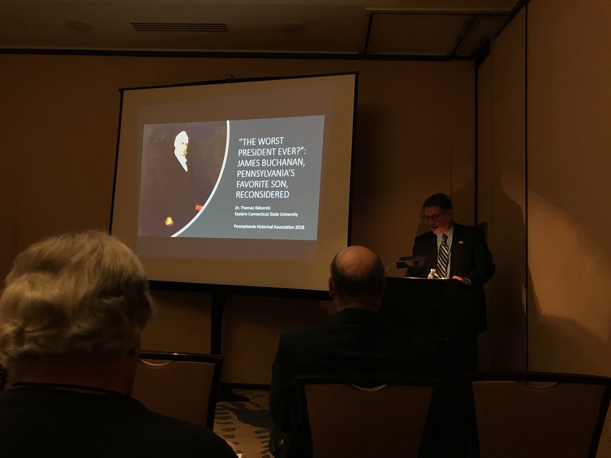 LanCoHistory's tweet photo. https://t.co/exB80hfngl’s Patrick Clarke is moderating a panel on Buchanan and his ranking as president. He is joined by @tbalcerski, Joshua Lynn, and Michael Birkner. #PHA2018 https://t.co/pgUuBEM2XD