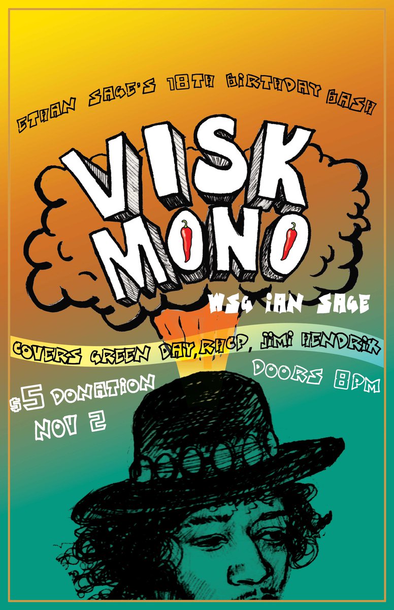 Ethan’s birthday bash is gonna be lyyt! Seeya there. 😉🎸🎉 artwork by @michifariasart @ethansageu @hollandparktheatre #green Day #redhotchilipeppers #jimihendrix