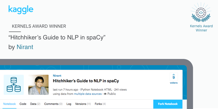 kaggle's tweet photo. This week's #KernelAwards winner uses a dataset of presidential tweets to explore the capabilities of the #spaCy Python package: https://t.co/YqALh69Buj https://t.co/t0RU4q2X7t