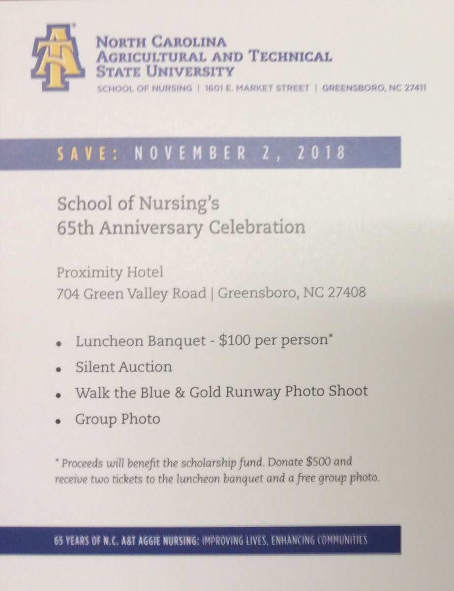 Our Homecoming luncheon is only a few weeks away . We are anxiously awaiting your arrival . Please support the School of Nursing with your presence at the event or consider sponsoring a student.  Email janicemf@ncat.edu for details or questions!