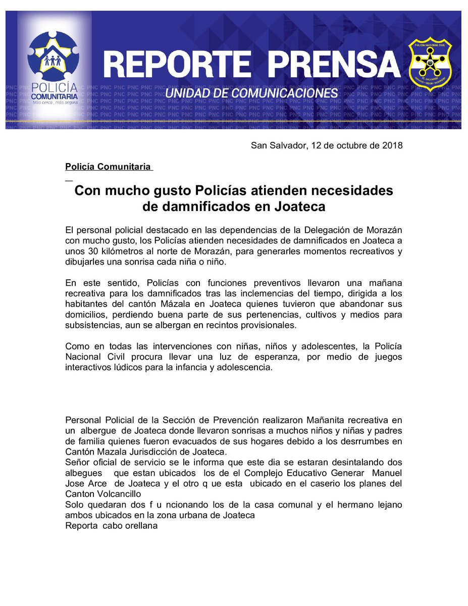 PNCSV's tweet photo. #PolicíaComunitaria | Con mucho gusto Policías atienden necesidades de damnificados en #Joateca, #Morazán
https://t.co/sxeJHuBMyi https://t.co/Xxrfhwbwz5