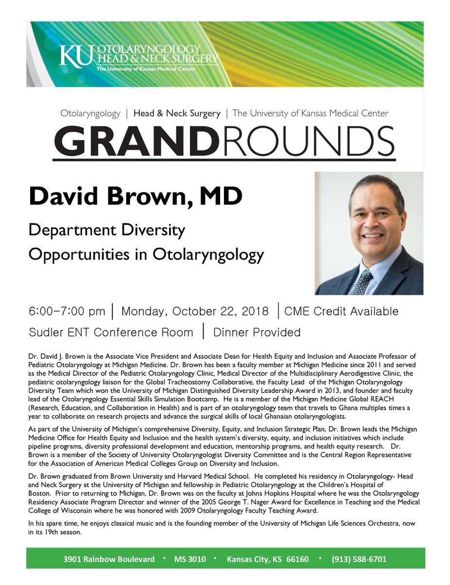 KU_ENT's tweet photo. You're invited! Join us for Grand Rounds @KU_ENT on Oct 22. David Brown MD presents "Department Diversity Opportunities in Otolaryngology"
Oct 22 @ 6p
Sudler 3027 @KUMedCenter
Dinner provided
CME option
#DiversityinENT #InclusiveENT #Diversity #EquityinMedicine #MedEd #KUENTCME https://t.co/CVNURmIWRx