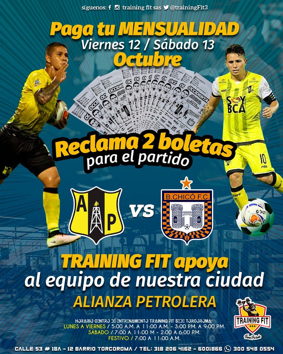 TrainingFit3's tweet image. ⚽️Paga tu mensualidad entre el 12 y 13 de octubre y reclama 2 entradas al partido de alianza petrolera vs Boyacá chico este sábado 13 de octubre.⚽️

ClubMiramar Barrancabermeja
Alianza Petrolera
#TransformandoVidas #5años
#YoSoyTrainingFit y Tú #TrainingSeguro