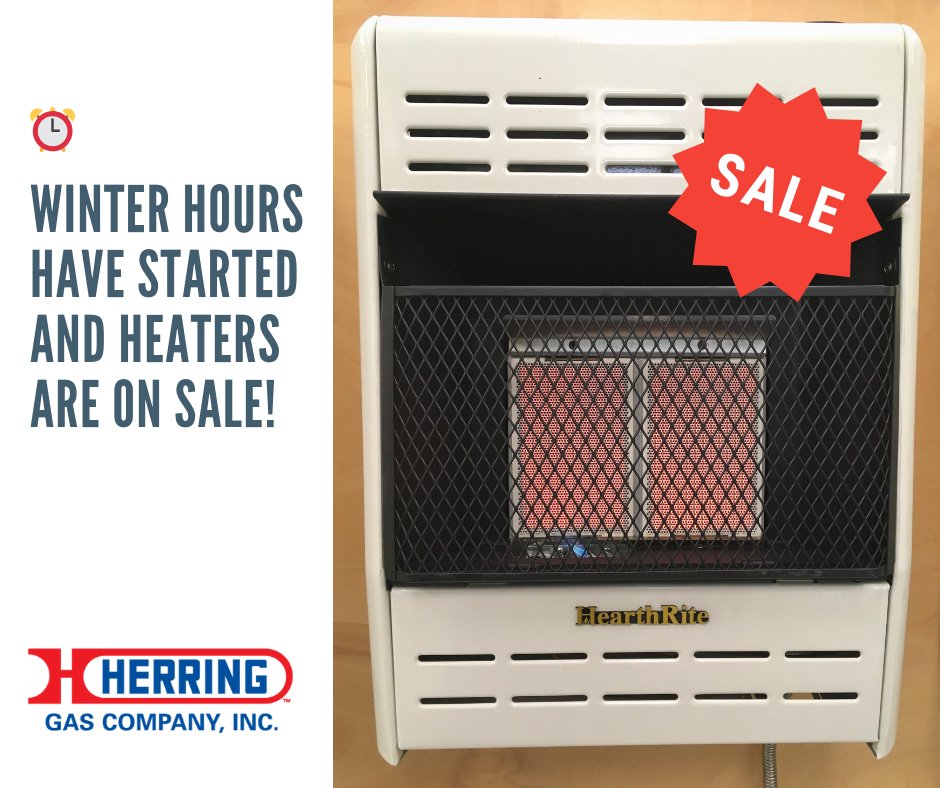 HerringGas's tweet photo. Winter hours begin this weekend with our offices being open from 8 AM to noon on Saturday. Make sure you are ready for winter by perusing our selection of new #heaters and log sets. When you mention this tweet, you can save 20% on any new heater purchase! Offer expires 10/31/2018 https://t.co/CEgbFSmVUX