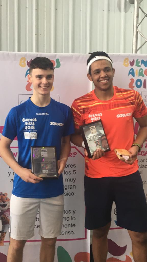 Squash_Ireland's tweet photo. The end of a great week of squash at the @youtholympics Conor Moran played the Junior World Champion, Mostafa Asal today. The 38 ambassadors are also pictured after showing our great game and what it can offer to the @Olympics #squash #proud #BuenosAires2018 @WorldSquash https://t.co/A4usnHtePD