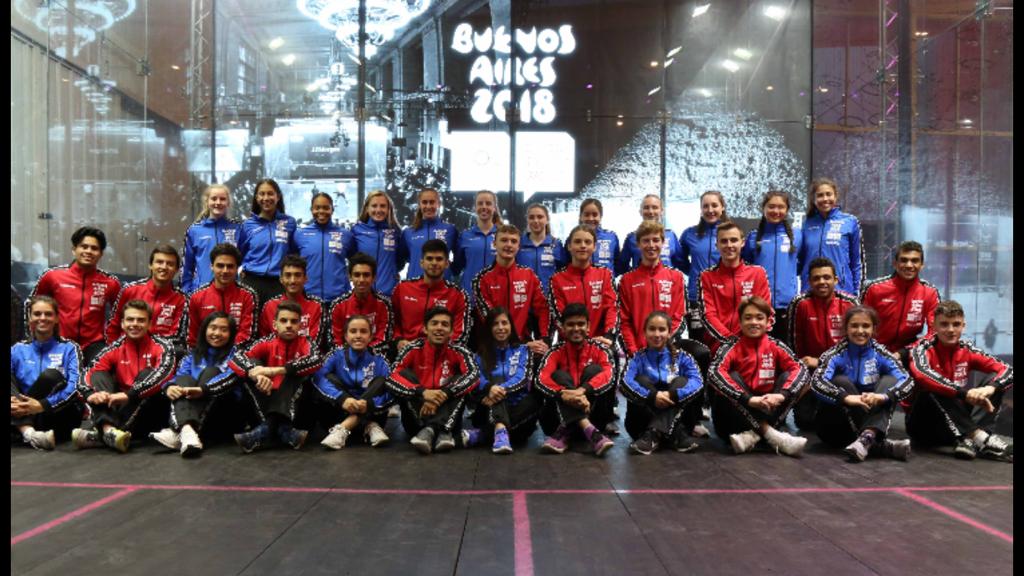 Squash_Ireland's tweet photo. The end of a great week of squash at the @youtholympics Conor Moran played the Junior World Champion, Mostafa Asal today. The 38 ambassadors are also pictured after showing our great game and what it can offer to the @Olympics #squash #proud #BuenosAires2018 @WorldSquash https://t.co/A4usnHtePD