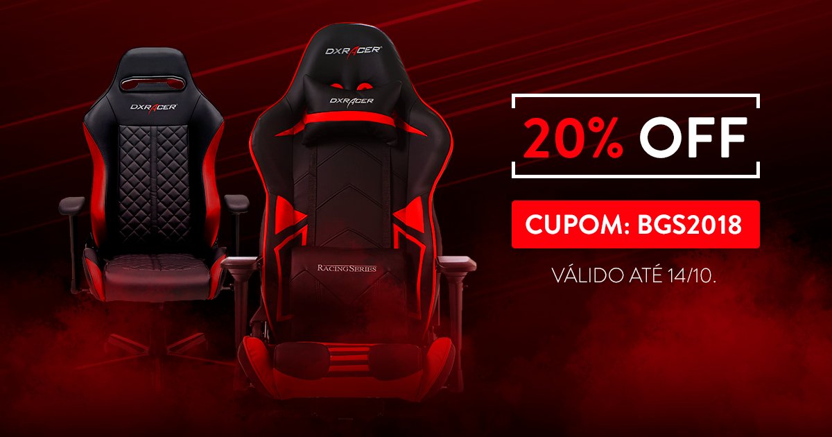 Quem aí quer desconto? 💥 Até 14/10 você pode utilizar o cupom BGS2018 e ganhar 20% OFF para todas as cadeiras de nosso site. Aproveite! #DXRacer