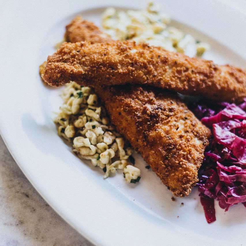 Rye fried trout, pickled mustard seeds, herbed spaetzle, and braised red cabbage. #rva #rvadine