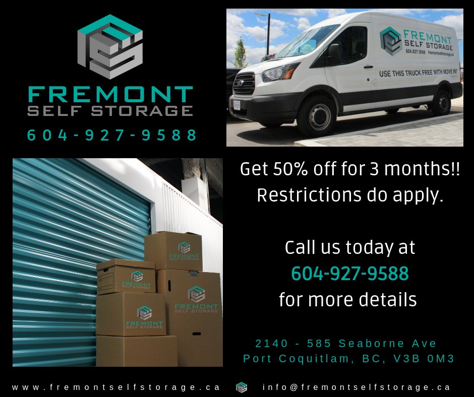 Fremont Self Storage invites you to come down for a tour of our new state-of-the-art facility #2140-585 Seaborne Ave and ask how you can save 50% for 3 months! Restrictions do apply. or Call us for details at 604-927-9588 fremontselfstorage.ca
#promo, #localstorage, #declutter