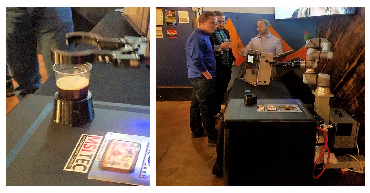 msi_tec's tweet photo. Decked out in lederhosen, our UR5 robot/bartender kept the beer flowing last night a @DeclarationBrew. Besides great beer and conversation, guests were able to see @Universal_Robot collaborative robot arm in action.
#UR #msitec #universalrobots https://t.co/ucDJSpXETI