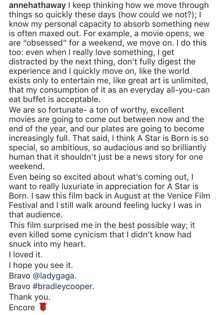 GagaMediaNet's tweet photo. Anne Hathaway praises #AStarIsBorn in her latest Instagram post! https://t.co/UOEvoGAnec