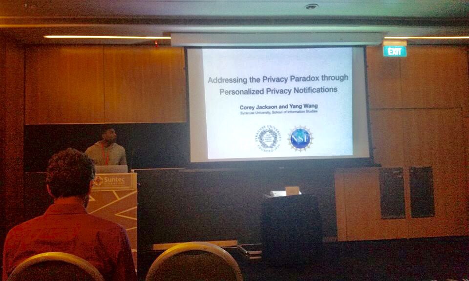 PhDiSchoolSU's tweet photo. PhD candidate, Corey Jackson @cjackso3 and Prof. Yang Wang from @iSchoolSU presenting their #research @ubicomp #ubicomp2018 https://t.co/os1aGG4Dgf