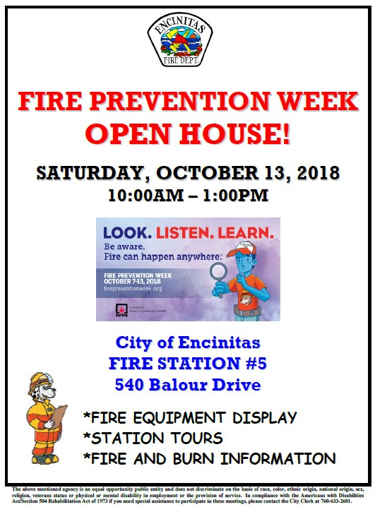 EncinitasGov's tweet photo. Join us tomorrow at the Fire Station #5 Open House! There will be station tours, fire safety information, face painting, and more. Stop by and join the fun. #FirePreventionWeek #fireopenhouse #cityofencinitas https://t.co/is3TBneSve