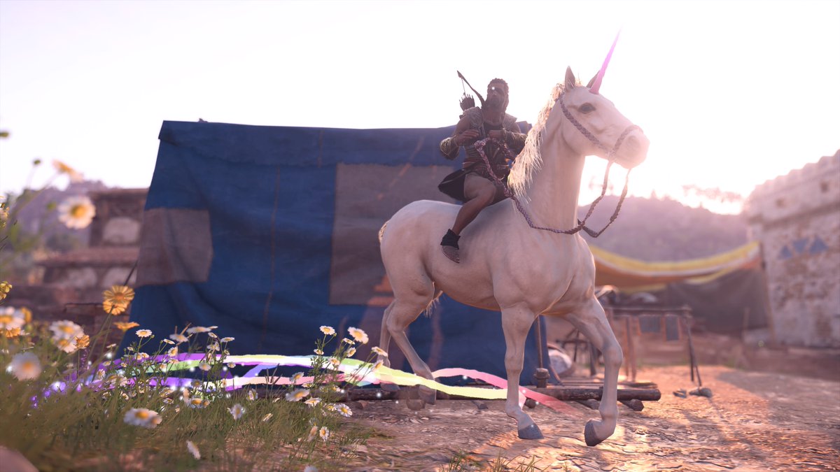 SlowbraKate's tweet photo. The blacksmith in Megaris sells Unicorns?! #SeasonsPass?? #acod #Alexios #PS4share https://t.co/23liLXu7tA