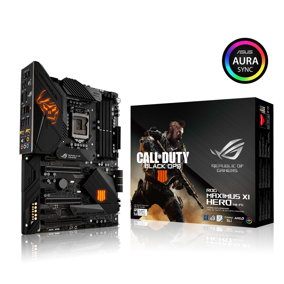 ASUSTechMKTJJ's tweet photo. The #Z390 #Intel9thGen MAXIMUS XI HERO. Built for those that demand the best. Outstanding overclocking, rich, clear & immersive SupremeFX audio, ultra-fast #160MHz Intel WiFi & Intel LAN & of course #AuraRGB ... did I mention it comes with @CallofDuty #BlackOps4 in the box! https://t.co/i4okC3Nxmt