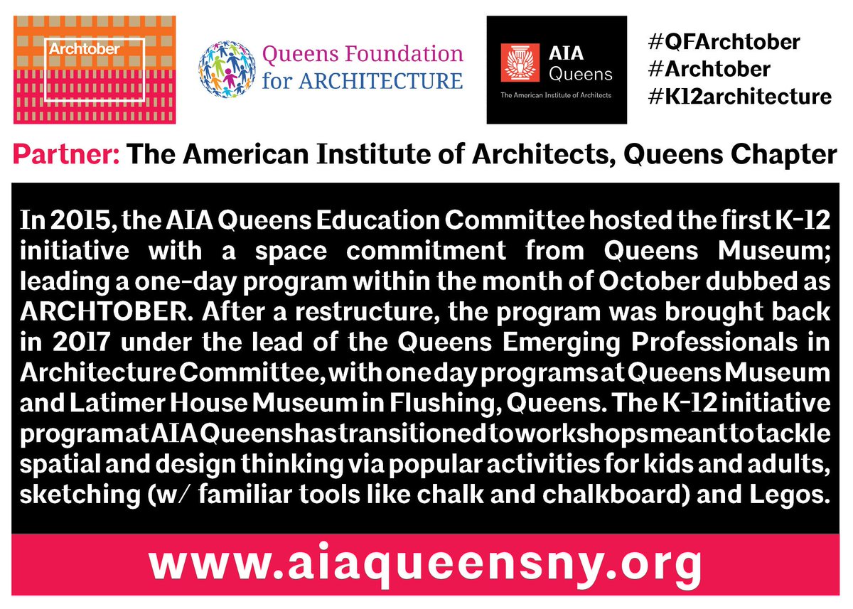 QfArch's tweet photo. It's always about collaboration; meet our partner @aiaqueens for this Sunday's K-12 Architecture and Design Family Workshops at @QueensMuseum #QFArch #Archtober #k12architecture https://t.co/50kMxLM35x
