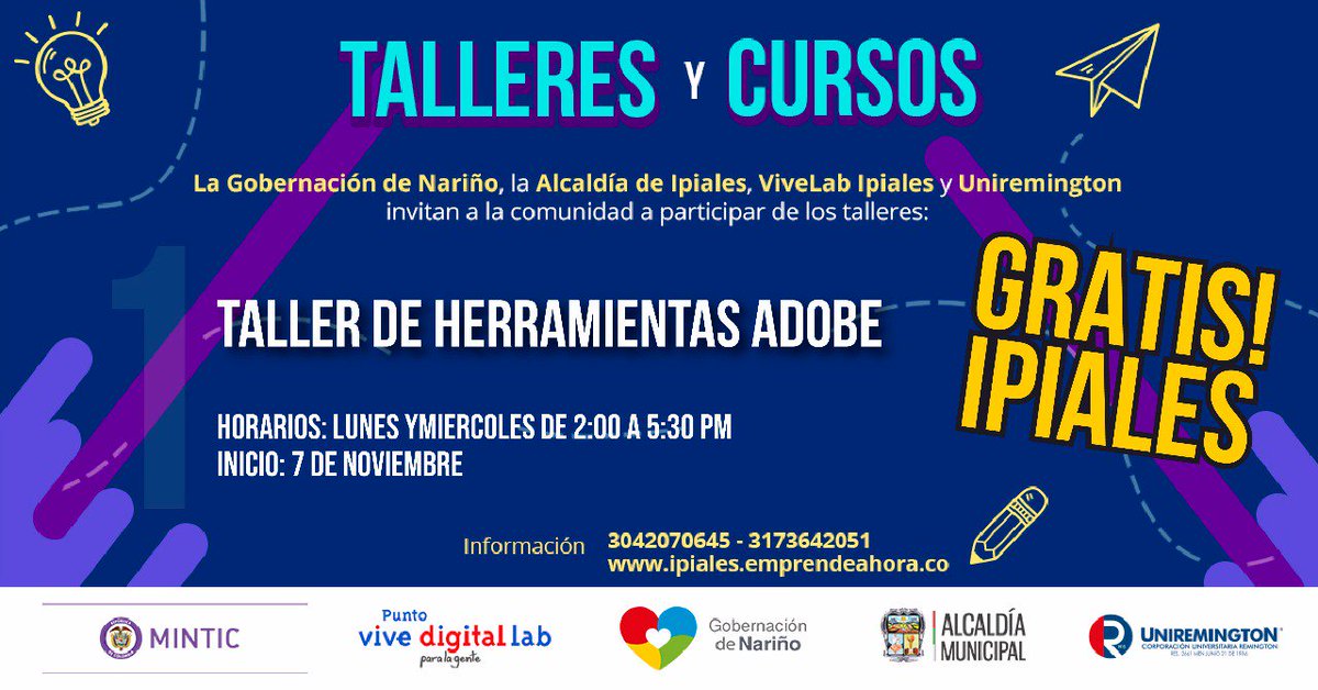 IpialesDigital's tweet photo. Totalmente GRATIS!

- Aprende a editar tus archivos
- crea tus propios diseños
- da vida a tus fotografías 
- realiza tus propios prototipos para aplicaciones
- Edita tus vídeos

Para más información te puedes comunicar al 304 207 0645 o 317 3642051 https://t.co/yRWbGfbuun