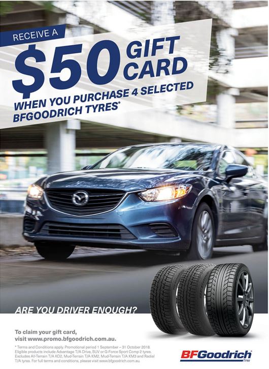 TyresPerth's tweet photo. OCTOBER specials out now, buy 4 selected BFGoodrich tyres and receive $50 Gift Voucher. Terms and conditions apply. #BFGoodrich #tyrepowerosbornepark #tyrepowerbelmont #tyrepowerclaremont #zippay #loyaltyapp https://t.co/5qUvw3AAT0