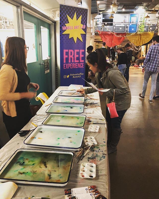 AlexArtsOffice's tweet photo. The #mobileartlab is at @torpedofactory tonight for The Late Shift: Folklore. Come by and marble paper with us until 10! 
#artsalx #nahm #showyourart2018 #alexandriava #visitalx #dcarts #happeningnow #diy #arttrucks https://t.co/Ww4MK2gMLw https://t.co/8rz2bEKF1s