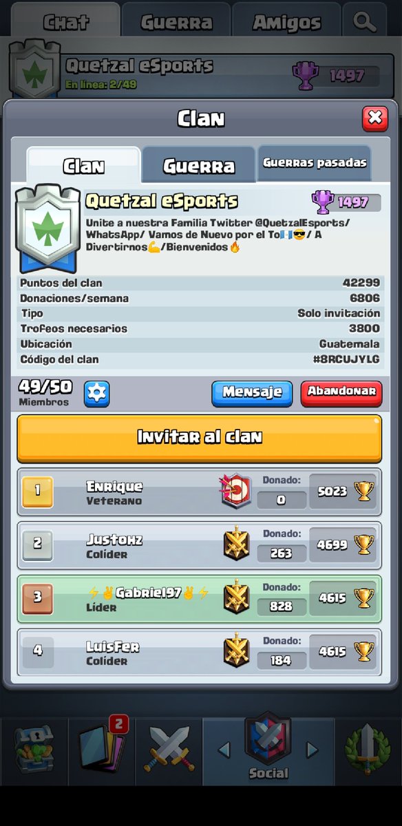 Unete a nuestra familia de Clash Royal Quetzal eSports <a href="/Gabriel97ns/">Gabrielns28😎</a> lider del clan Todos son bienvenidos!! 😎