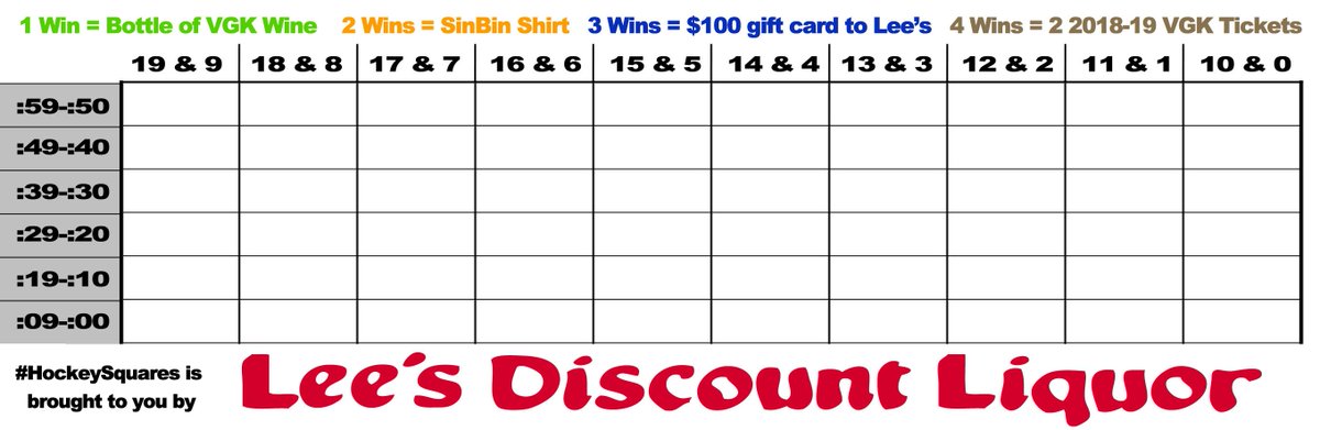 10 AM game means late night #HockeySquares!

RT this tweet now to enter. 60 random RTs will get a square. 

Every Golden Knights goal wins someone a bottle of VGK wine from <a href="/LeesDiscountLiq/">Lees Discount Liquor</a> (must be following them to enter).

Closes 9:00 AM 10/13/18. Good luck and thanks Lee's!