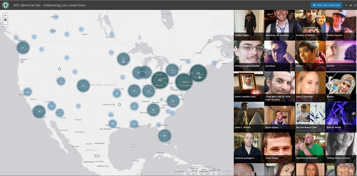 jer_lindemann's tweet image. This crowdsourced map shows over 1700 great people lost by families due to the #OpioidEpidemic hosted by @NSCsafety #PublicInterestTechnology memorial.nsc.org/index.html