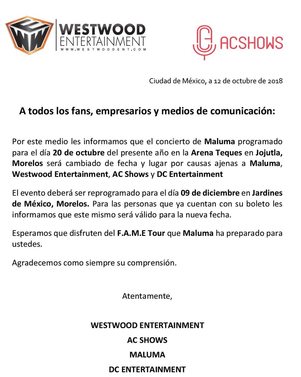 DcPresenta's tweet photo. Comunicado @maluma
Nos vemos en Diciembre, Morelos 🔥
#DCPresenta #TeamMaluma #malumafans #malumaniaticas #MalumaTeques #Malumababy #Malumaticas #MalumaMéxico #malumafamily #maluma #malumafametour https://t.co/8rmrLDyAdW