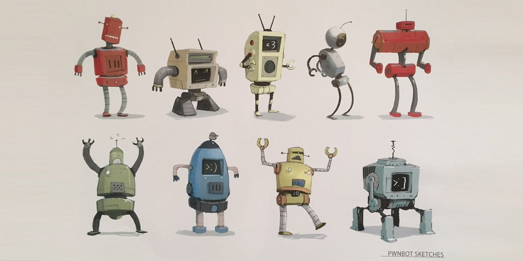 Pwndgame's tweet photo. Early PWNbot prototypes 😃

#FlashbackFriday #conceptart #sketch #art #IndieGameDev https://t.co/5GT77dxh0f