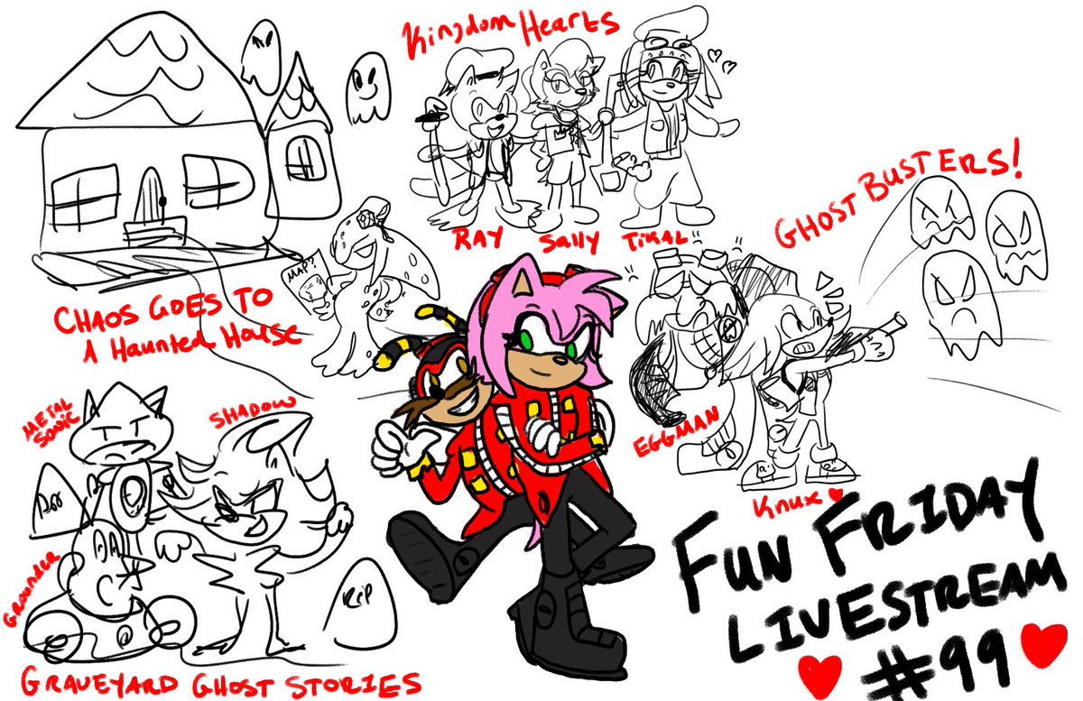 Hey guys! :D Thank you for joining me for Fun Friday Livestream #99!! xD Here's a collection of the doodles we did today! I was so excited I got to speed-doodle Knuckles as a ghost buster :joy: MY BOY! SEE YOU GUYS NEXT FRIDAY FOR THE BIG #100!! #SonicSong182 #Team182 #SS182
