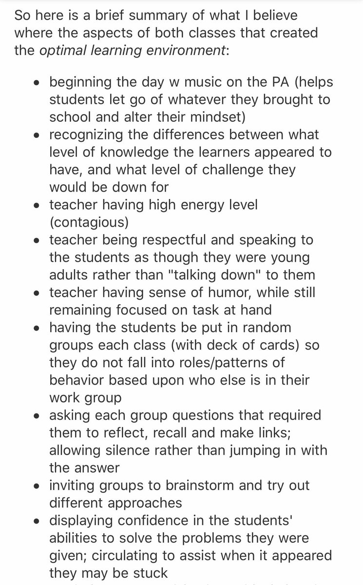 AlexOverwijk's tweet image. I invited a sports psychologist into my #ThinkingClassroom I am a firm believer in creating an environment for an optimal learning experience. We had talked about this and she talked about athletes and optimal performance. Here is part of her feedback. Cc @pgliljedahl 
#MTBoS