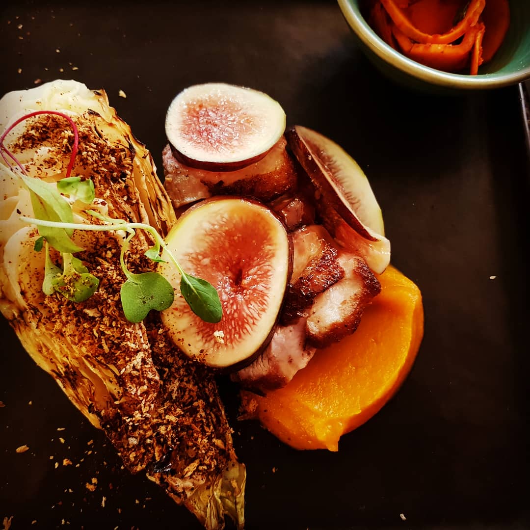 Pop-up with British Celebrity Chef Jay Morjaria 5 Grilled duck breast with maesil jus, BBQ Cabbage, kimchi crumb, seasonal figs, acorn squash puree, quick acorn squash kimchi.