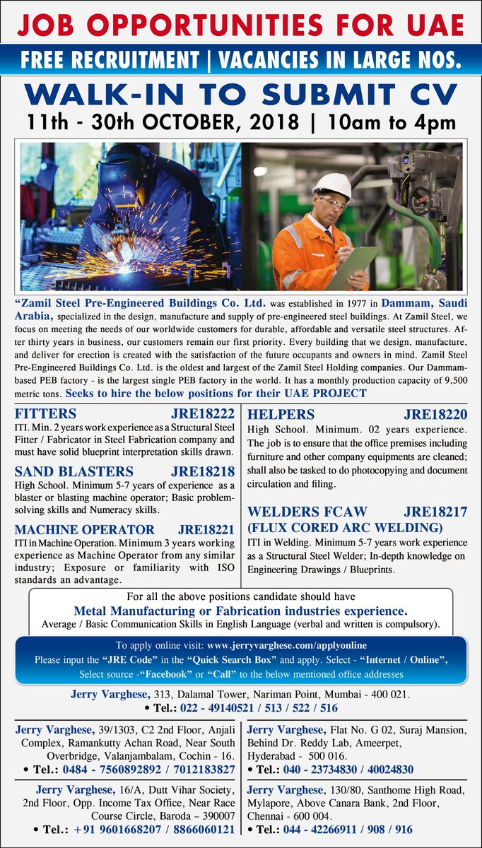 jviglobal's tweet photo. Job Opportunities for UAE | Walk-in to Submit CV | 11th To 30th October,  2018 | Read the ad to know more about the vacancies and the  qualifications / Experience reqd. | Read the Ad carefully before you  apply | All the Best. https://t.co/es2VMS4uku