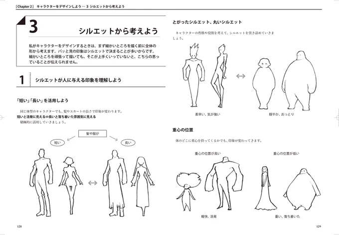 キャラクターのシルエットのお話。
最初に目に飛び込んでくるのは細部ではなく全体の形です。
シルエットによって人に与える印象が大きく変わるので、それをうまく活用するといいと思います。 