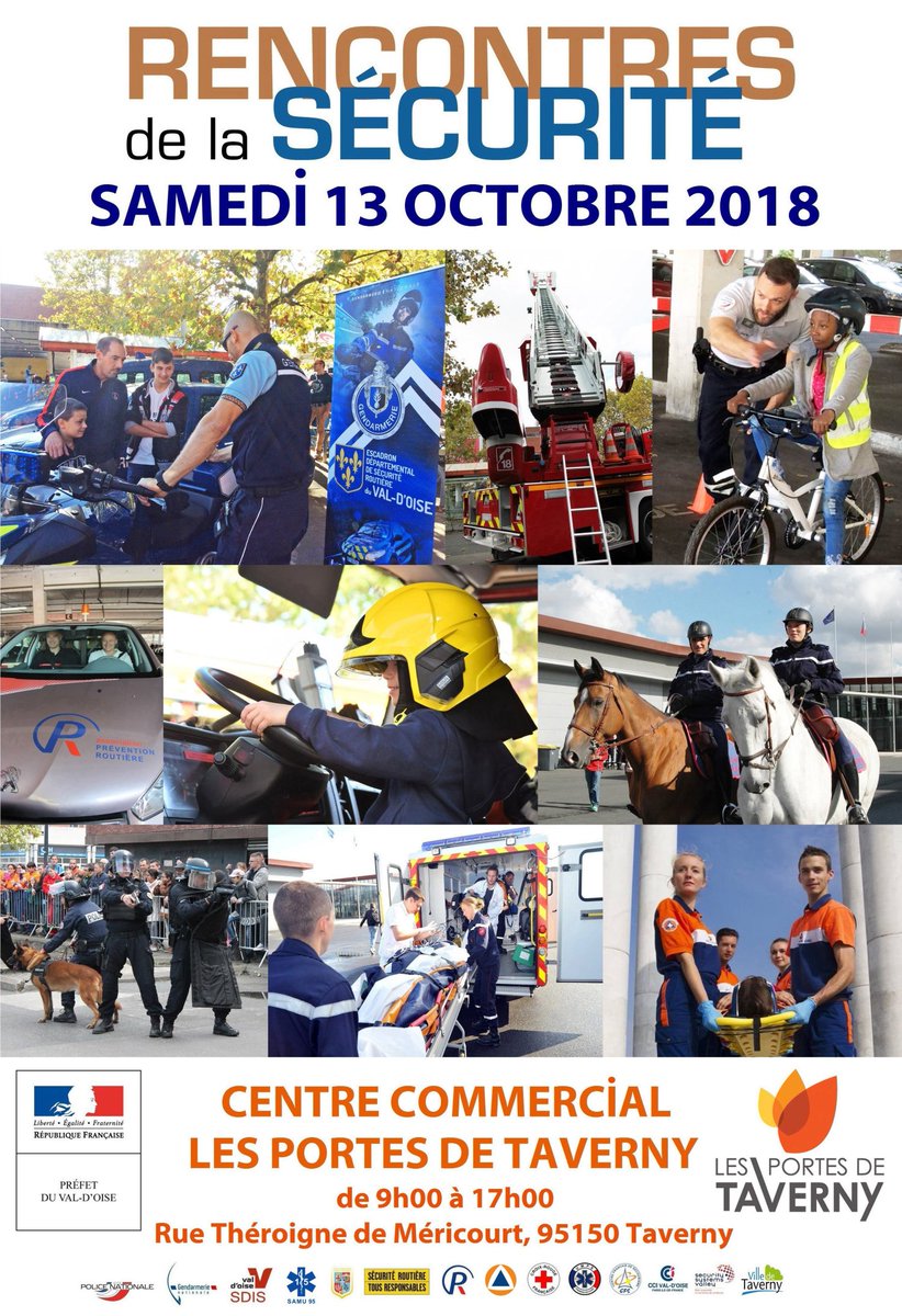 #TousEngagés🇫🇷Les #RencontresSécurité, c'est aujourd'hui jusqu'à 17h au centre commercial Les Portes de #Taverny ! <a href="/villetaverny/">Ville de Taverny</a> #ValdOise 🚑🚔🚒
Ne ratez surtout pas les exercices inter-services des forces de sécurité et de secours à 11h30 et 15h00 ! Venez nombreux !