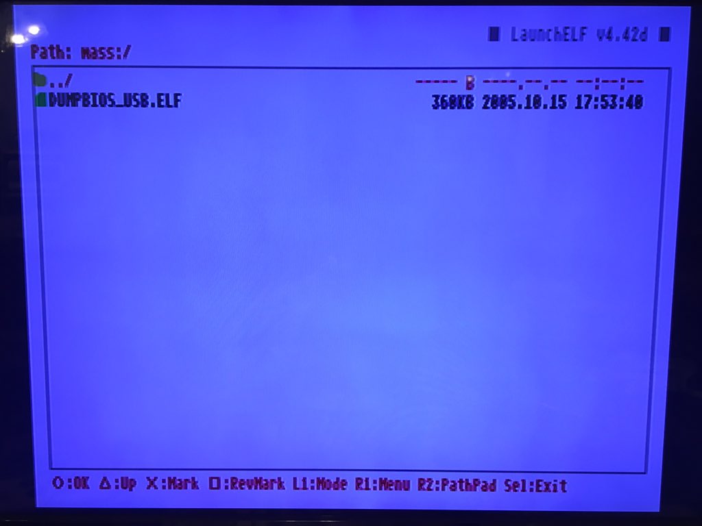 Degharl Der デアール 実際にbiosを吸出してみました Dumpbios Usb Elfを実行したら画面が写真のように乱れたので電源ブッチしました が Usbのファイルを確認した所 Scph Bios V12 Jap 0 Bin 等のファイルが生成されていました しかし画面