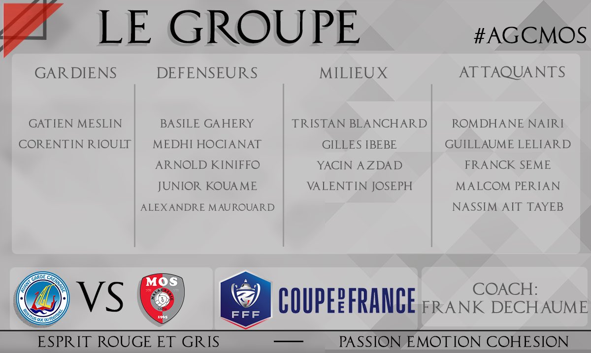 MaladrerieCaen's tweet photo. Le groupe pour le match contre @AGCaen à 18h. 

#AGCMOS #CoupedeFrance https://t.co/liKJh8kWPQ
