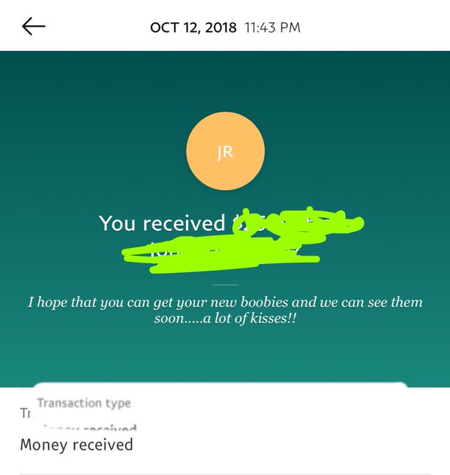 M first donation for my new boobies im so grateful and excited Thankyou so much baby!! https://t.co/qqOEHU9y9P