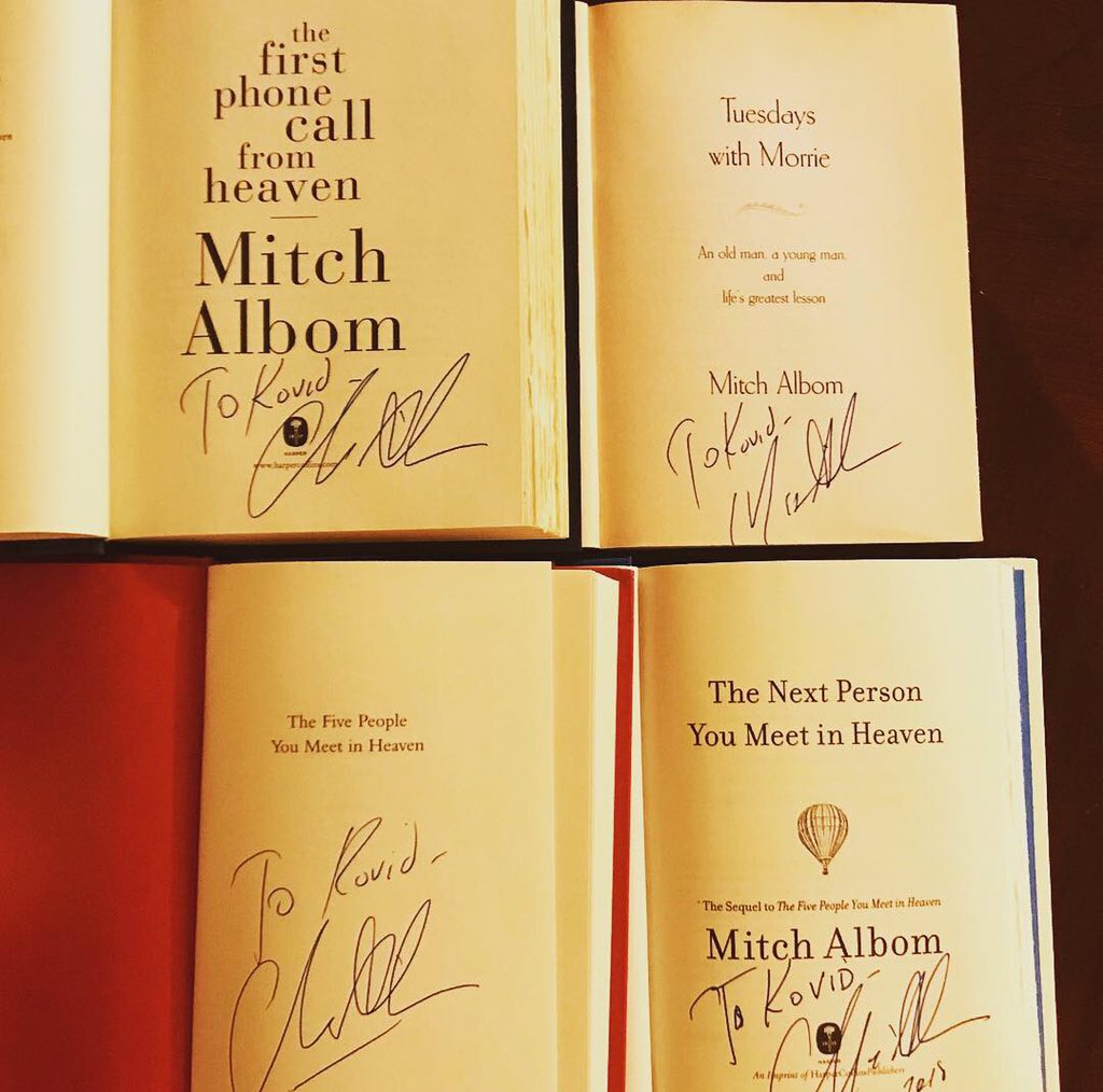 kovidgupta's tweet image. Some get to have #TuesdaysWithMorrie, while some get to have Fridays with Mitch 😉Today’s chat set things right in many ways for me @MitchAlbom :) thank you!

#mitchalbom #thefivepeopleyoumeetinheaven #thenextpersonyoumeetinheaven #thefirstphonecallfromheaven @BrazosBookstore