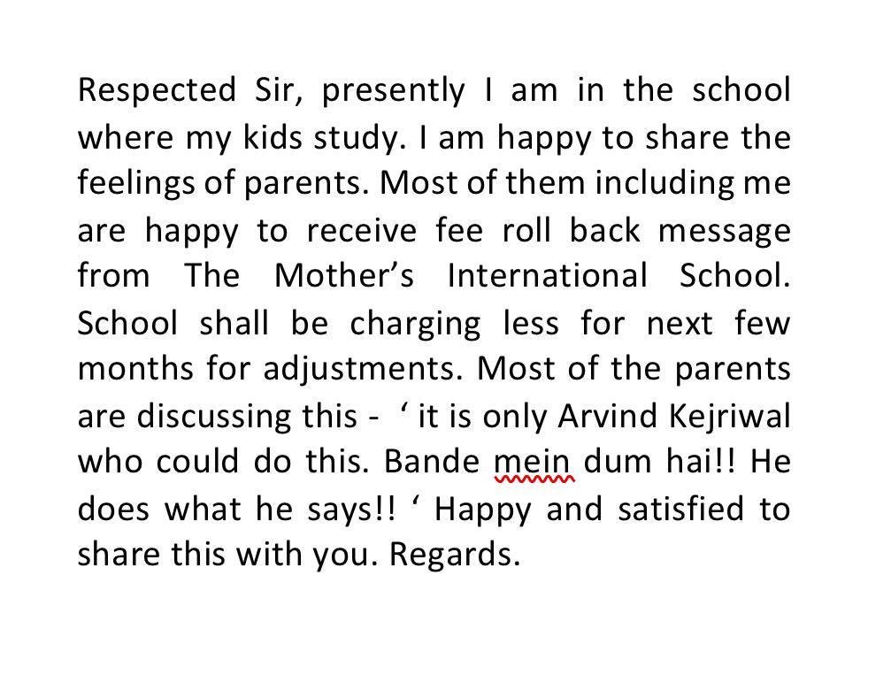 ArvindKejriwal's tweet photo. Recd this msg from a parent this morning. Made my day....Feels good when our efforts bear fruit and people are benefitted https://t.co/IU6WFaQxwN