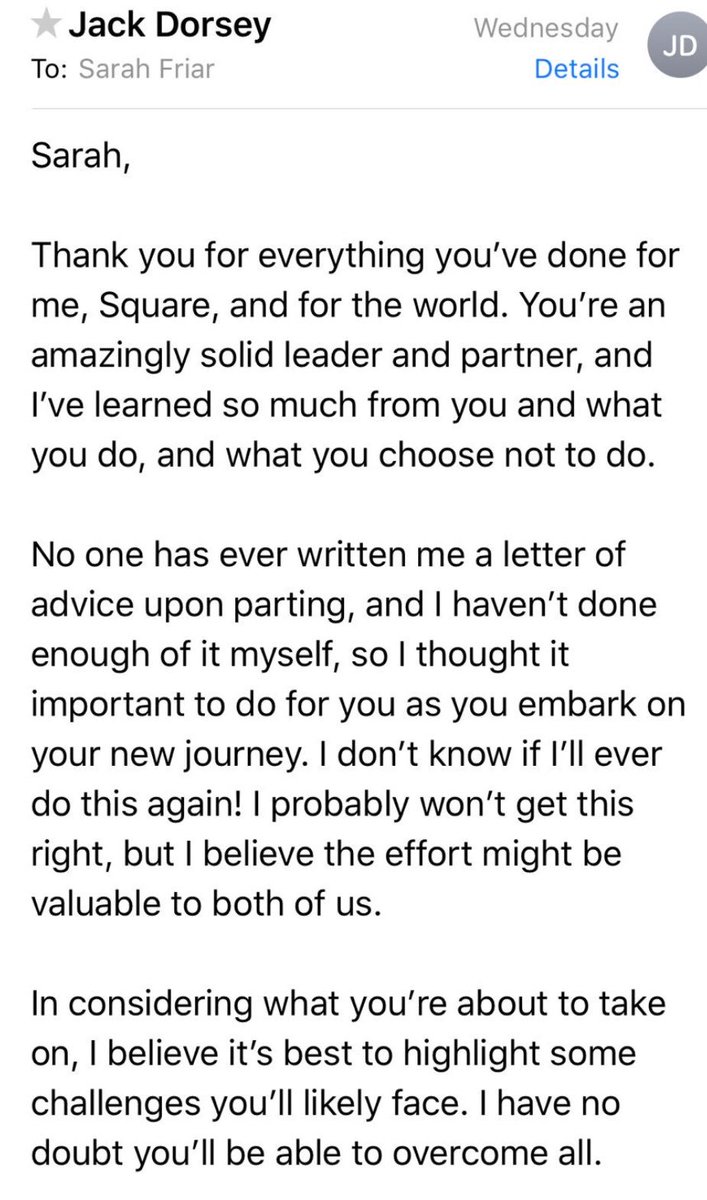 darrenrovell's tweet photo. Upon her departure as CFO of Square, @thefriley shared the note that Square &amp; Twitter CEO @Jack wrote to her. It was a note of advice. https://t.co/nmQbCz3wxO