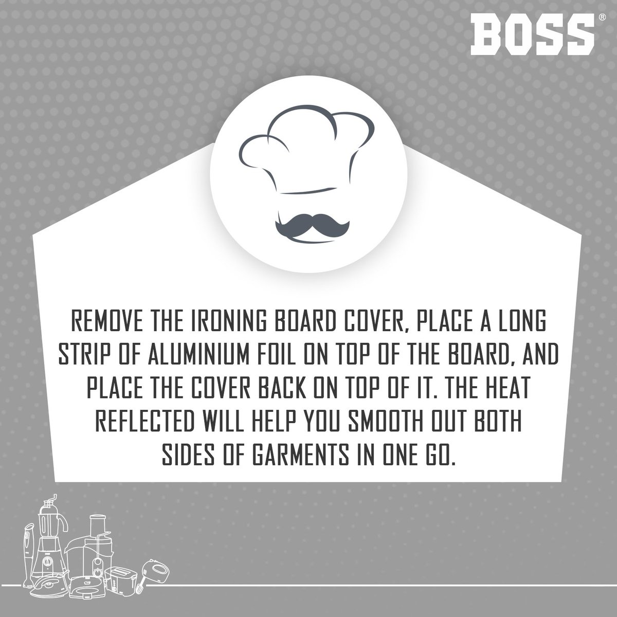 BOSS_Appliances's tweet photo. The Aluminum foil helps you cut your ironing time in half.

#BOSSHomeAppliance #IroningHack #Hack #HomeApplianceHack #TipOfTheDay #KitchenDiaries  #BOSSKitchenGuru https://t.co/yHHDhBWPoQ