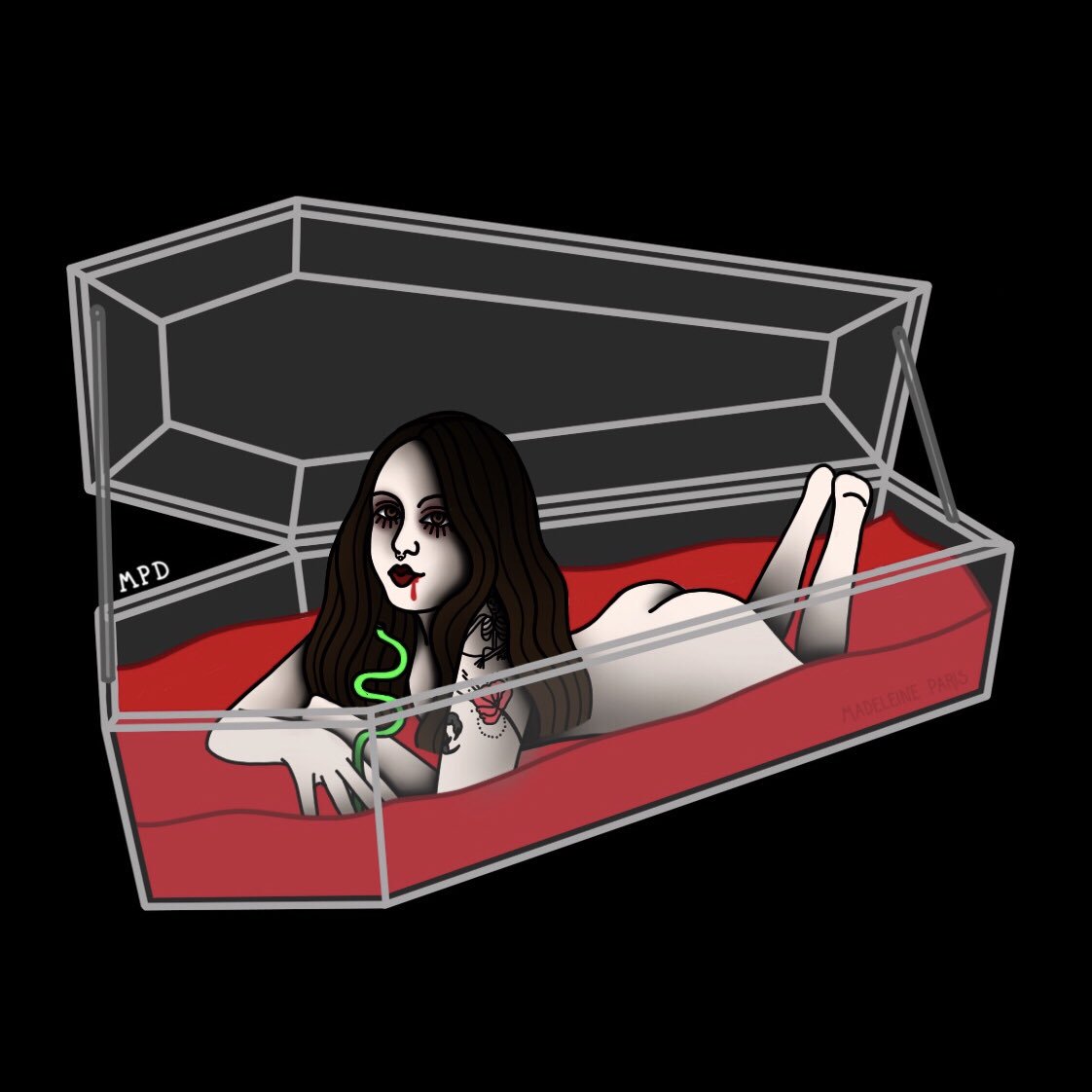 traddymaddie's tweet photo. I’m an hour late but here’s my day 12: vampire 🖤💀 Yes, that’s a glass coffin &amp; yes, she is drinking blood out of it with a curly straw. Based off of a photo of the beautiful @francesssraeee 🦇❤️

#mabsdrawlloweenclub #mabsdrawlloweenclub2018 #drawlloween #vampire #inktober https://t.co/FOgYoJyW9Y