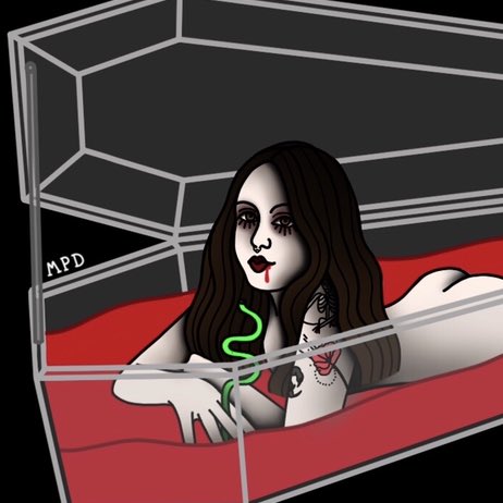 traddymaddie's tweet photo. I’m an hour late but here’s my day 12: vampire 🖤💀 Yes, that’s a glass coffin &amp; yes, she is drinking blood out of it with a curly straw. Based off of a photo of the beautiful @francesssraeee 🦇❤️

#mabsdrawlloweenclub #mabsdrawlloweenclub2018 #drawlloween #vampire #inktober https://t.co/FOgYoJyW9Y